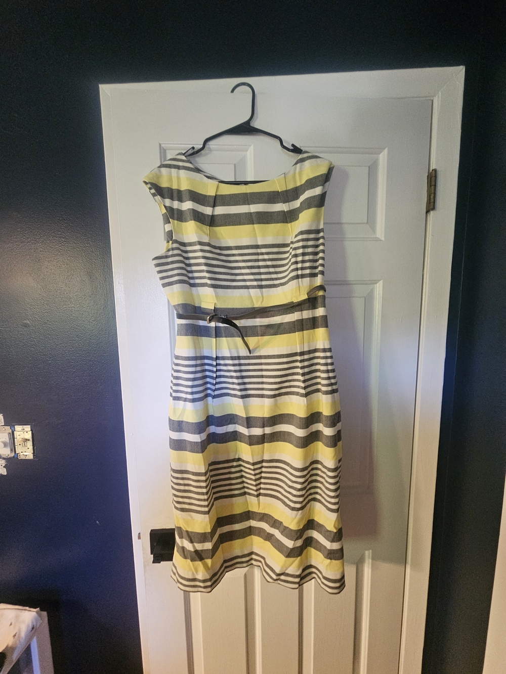Calvin Klein Striped Boatneck A-Line Dress in Yellow and Gray